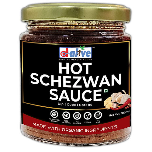 D-Alive Hot Schezwan Sauce (Made with Organic Ingredients, Sugar-Free, Gluten-Free, Low Carb, Ultra Low GI, Vegan, Diabetes & Keto Friendly) - 180g