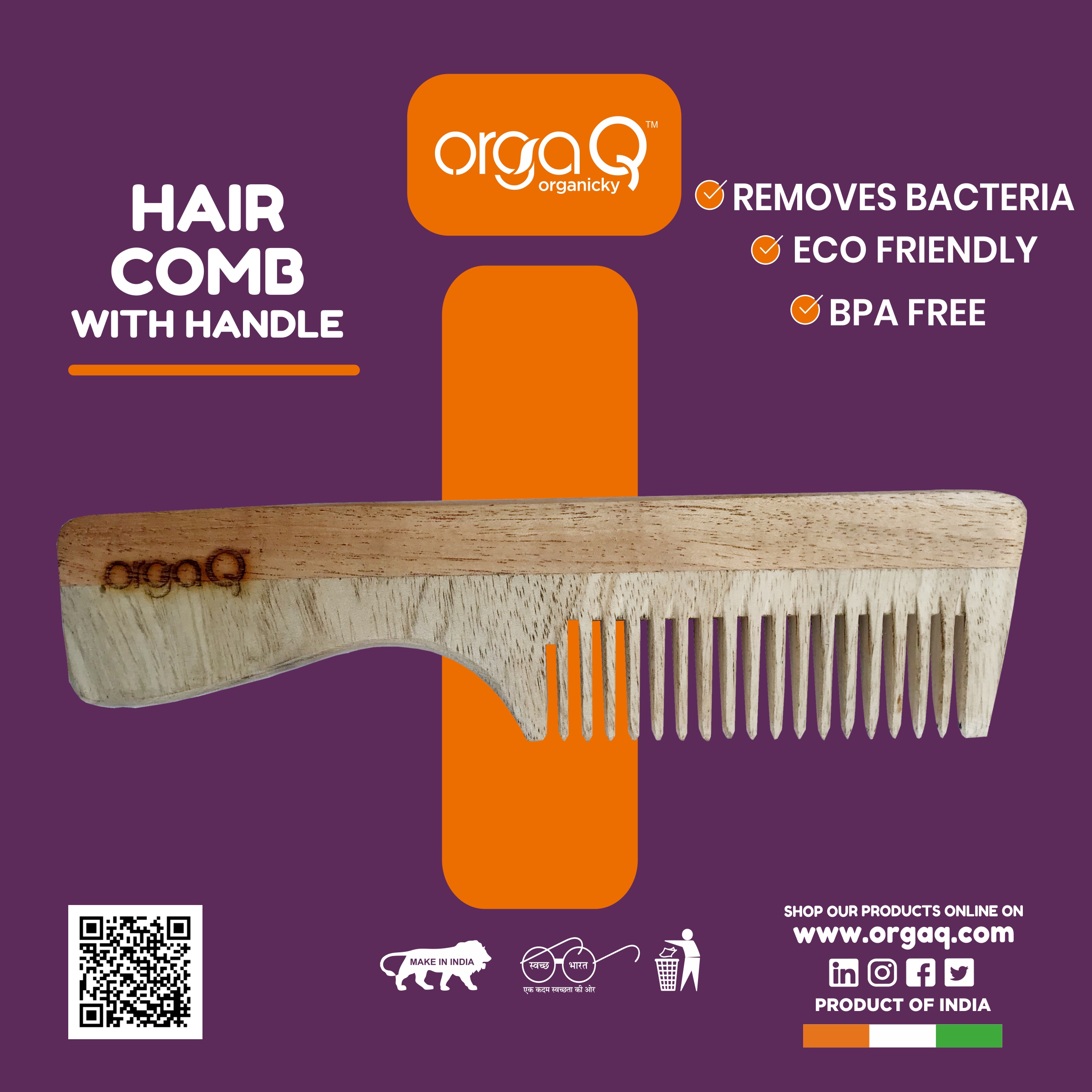 ORGAQ NEEM WOOD COMB WITH HANDLE