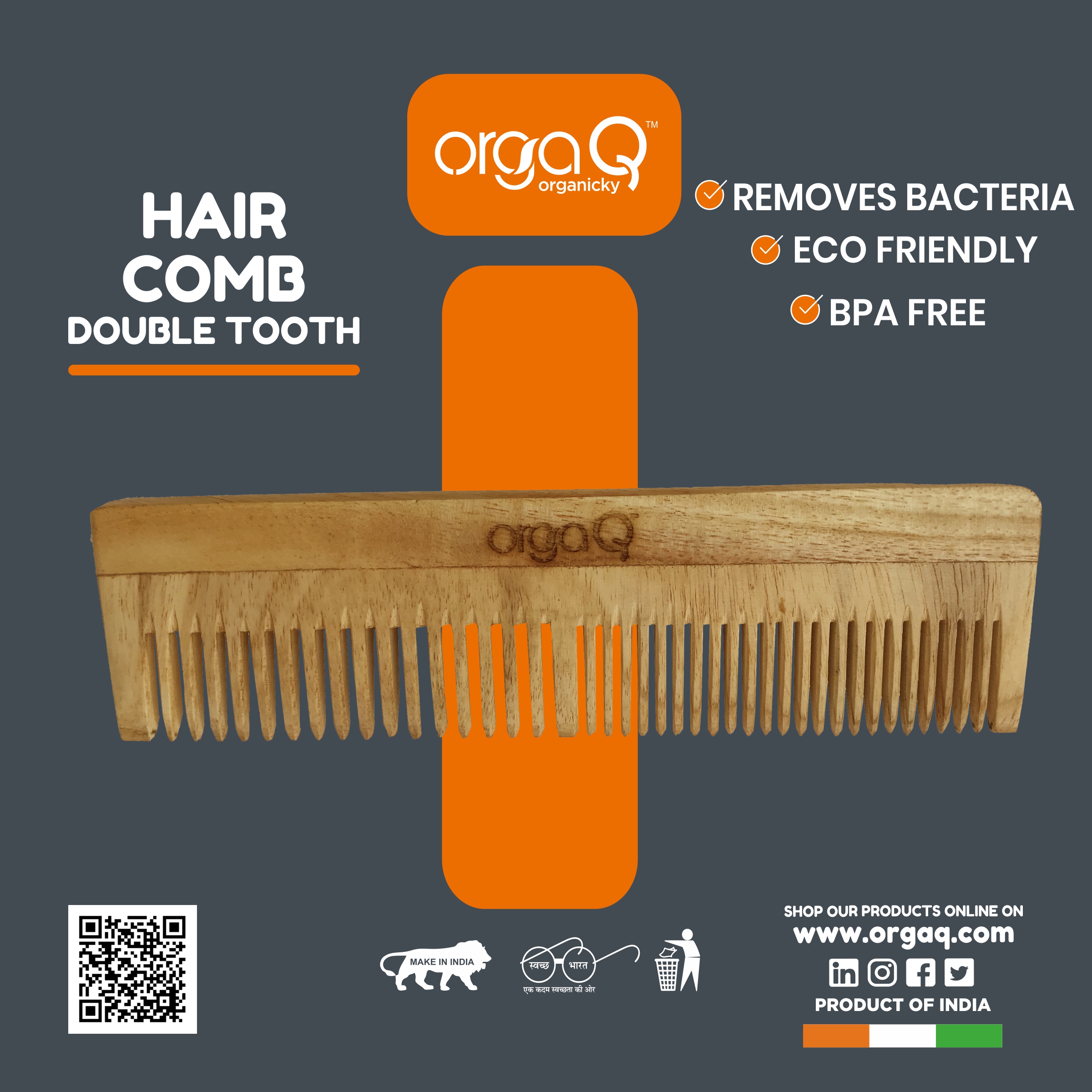 ORGAQ NEEM WOOD COMB DOUBLE TOOTH